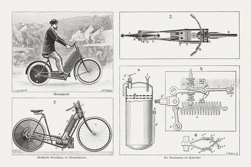 Hildebrand & Wolfmüller摩托车，1894年，德国，木刻，1895年出版